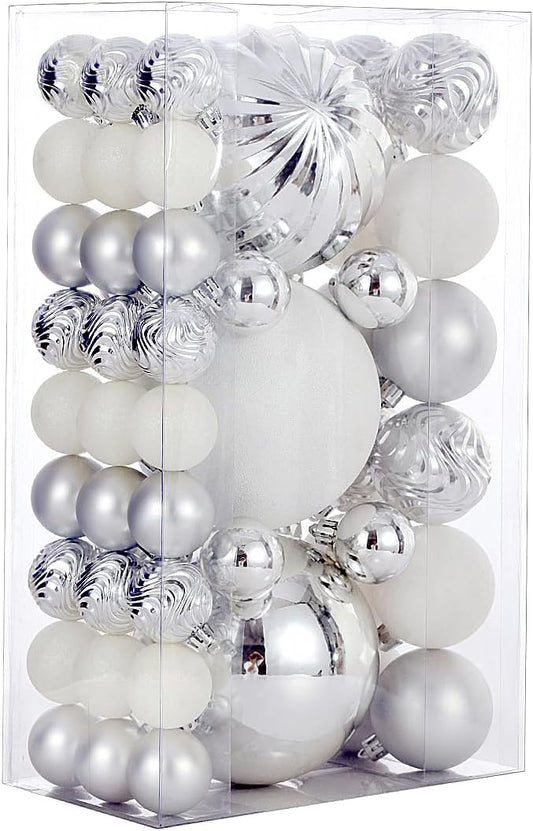 Christmas Ball Ornaments for Xmas Decorations,50 pcs Christmas Extra Large Tree Shatterproof Ornaments-Silver (Combo of 5 Style in 3 Sizes)