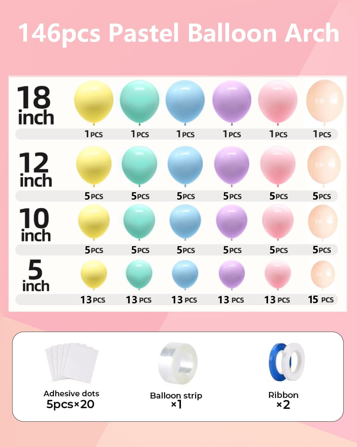 Pastel Balloons Arch Garland Kit, 146PCS Pastel Balloons 4 Sizes 18/12/10/5 Inch, Macaron Rainbow Balloon Arch Kit for Unicorn Birthday Baby Shower Wedding Easter Party Decorations