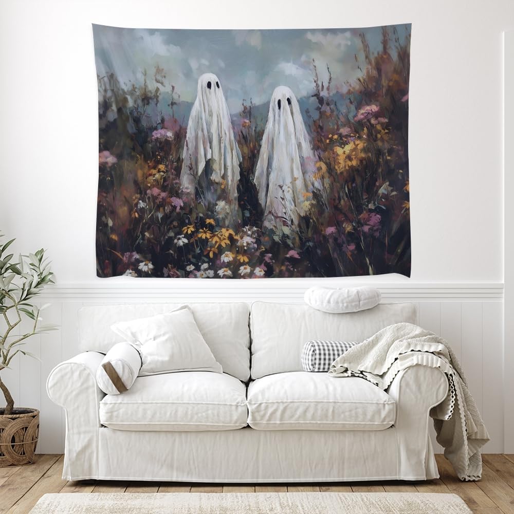 Halloween Ghosts in Wildflowers Tapestry Wall Hanging Spooky Cute Ghost Floral Tapestries Victoria Moody Artwork Aesthetic Print for Goth Living Room Bedroom wall Decor 30x40inch