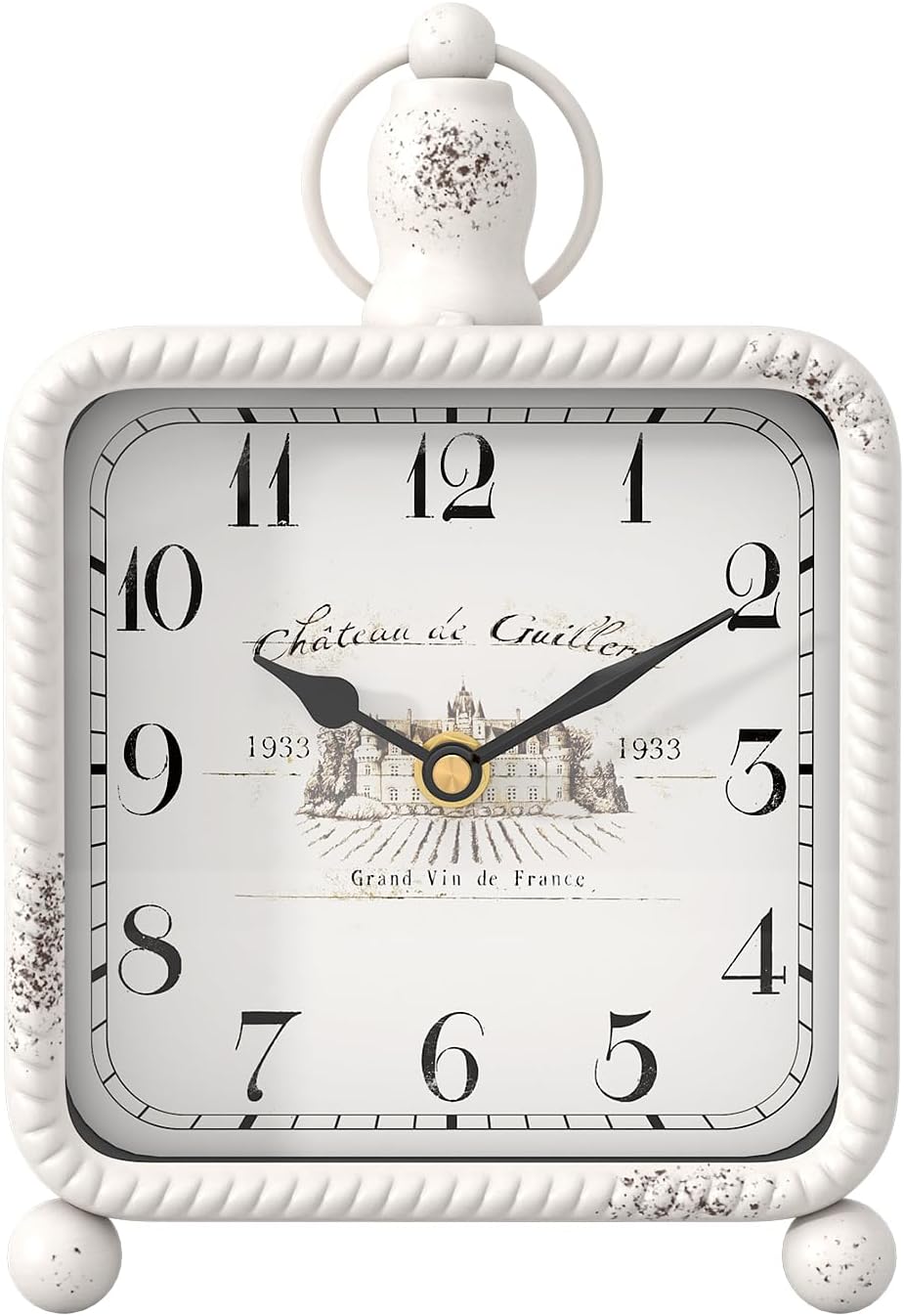 Vintage White Table Clock on Stand, Desk and Shelf Decor Clock, French Rustic Style Non-Ticking Mantel Clocks for Farmhouse, Living Room, Bedroom, Bedside, Gift (8.5" H x 5.5" W)