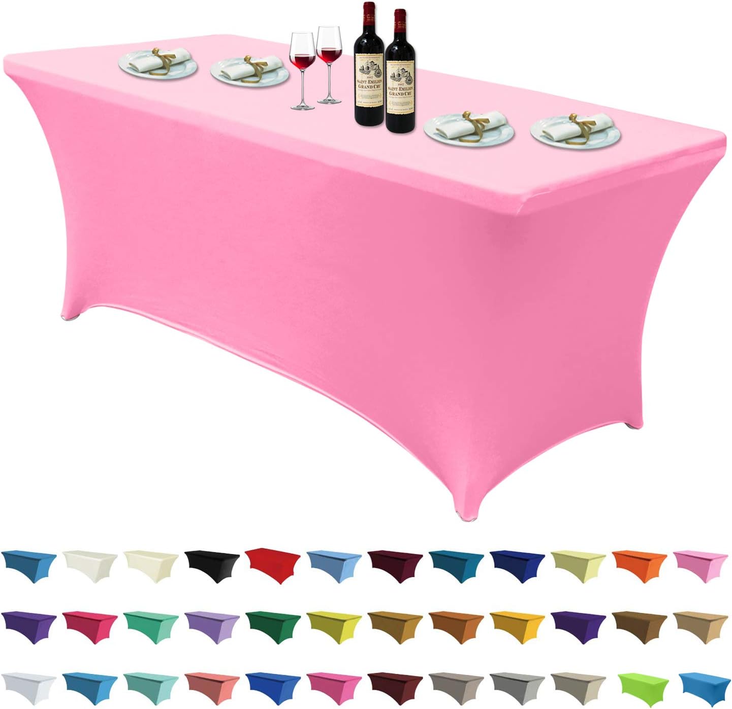 ABCCANOPY 6 FT Spandex Table Cover Stretch Fitted Wrinkle Resistant Tablecloth Reuse for Rectangular Folding Table Patry Event Wedding Banquet Protector Pink