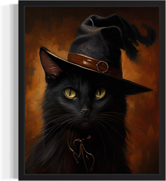 Witch Cat Poster Art Print, Halloween Scary Vintage Wall Art Academia Spooky Painting Decoration for Horror Prints, Gothic Posters Bedroom Decor 89 (Witch Cat, 11 x 14 inches, Black Frame)