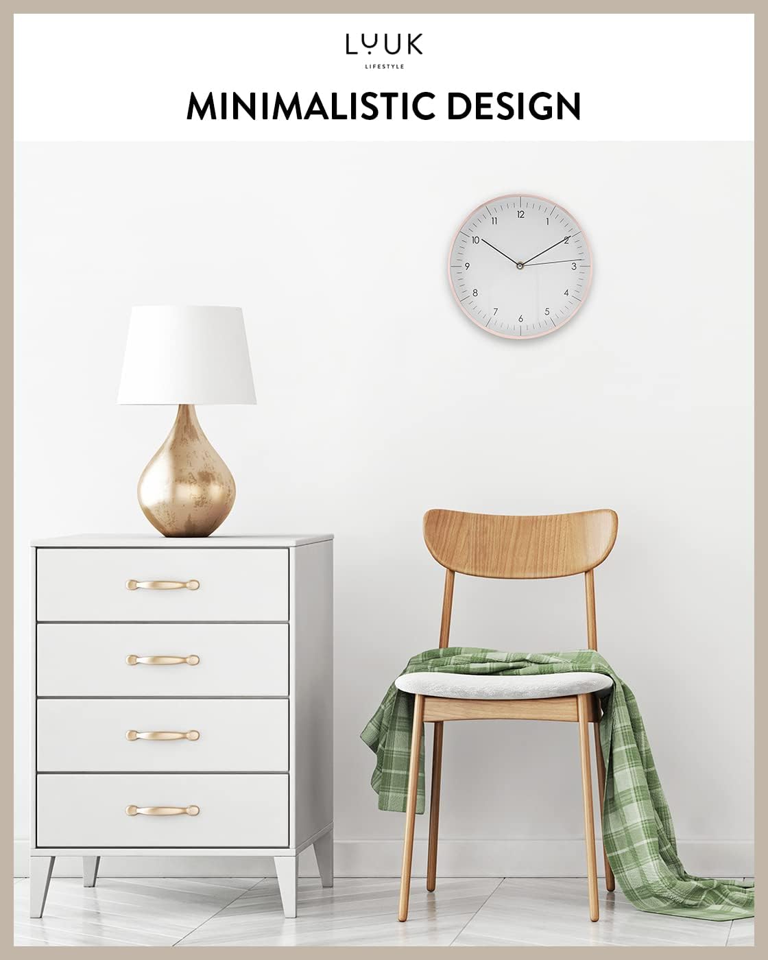 LUUK LIFESTYLE Timeless Wall Clock with Silent Movement and no Ticking, Elegant Design, for Children's Room, Living Room, Bathroom, 12”, White and Rosegold