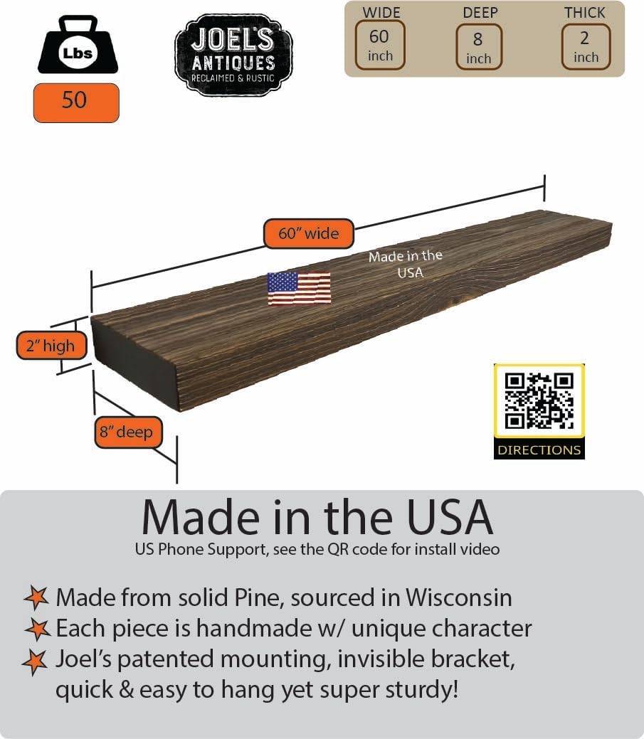 joelsantiques 60 Inch Wooden Floating Shelves for Wall - 60x8x2 in - Made of Natural Wood - Long Heavy Duty Rustic Wall Shelves for Bedroom - Perfect for Living Room, Kitchen - Medium Brown