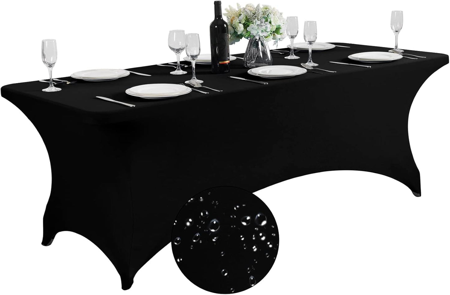 SuperO Waterproof Spandex Table Cover for 8FT Table Universal Fitted Stretch Tablecloth for Party, Banquet, Wedding and Events-Black