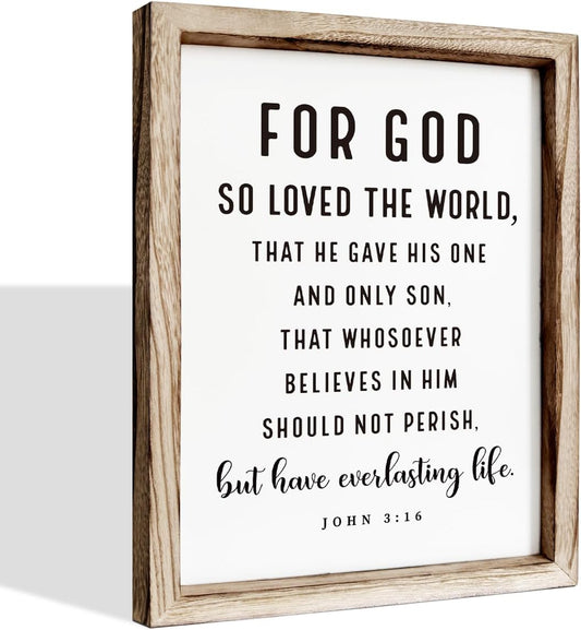 Christian Wooden Sign, Living Room Decors, Bible Verse Decor, Rustic Home Decor, Religious Artwork for Wall, Framed Wall Plaque Sign 15 * 11.5 inches, For God So Loved the World