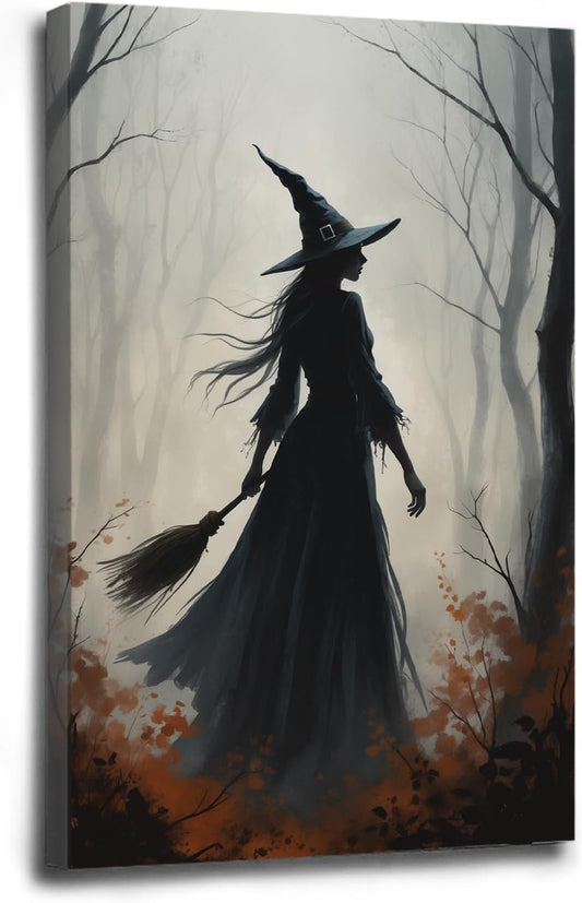 Vintage forest witch silhouette poster Halloween mural poster decoration mural art magic suitable for home living room bedroom12x16in Wood Framed