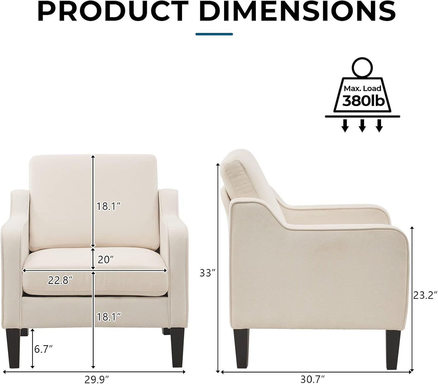 VINGLI Mid Century Modern Accent Chair, Beige Fabric Accent Chairs for Living Room Upholstered Armchair Sofa with Scooped Arms for Bedroom, Apartment, Studio, Office, Waiting Room
