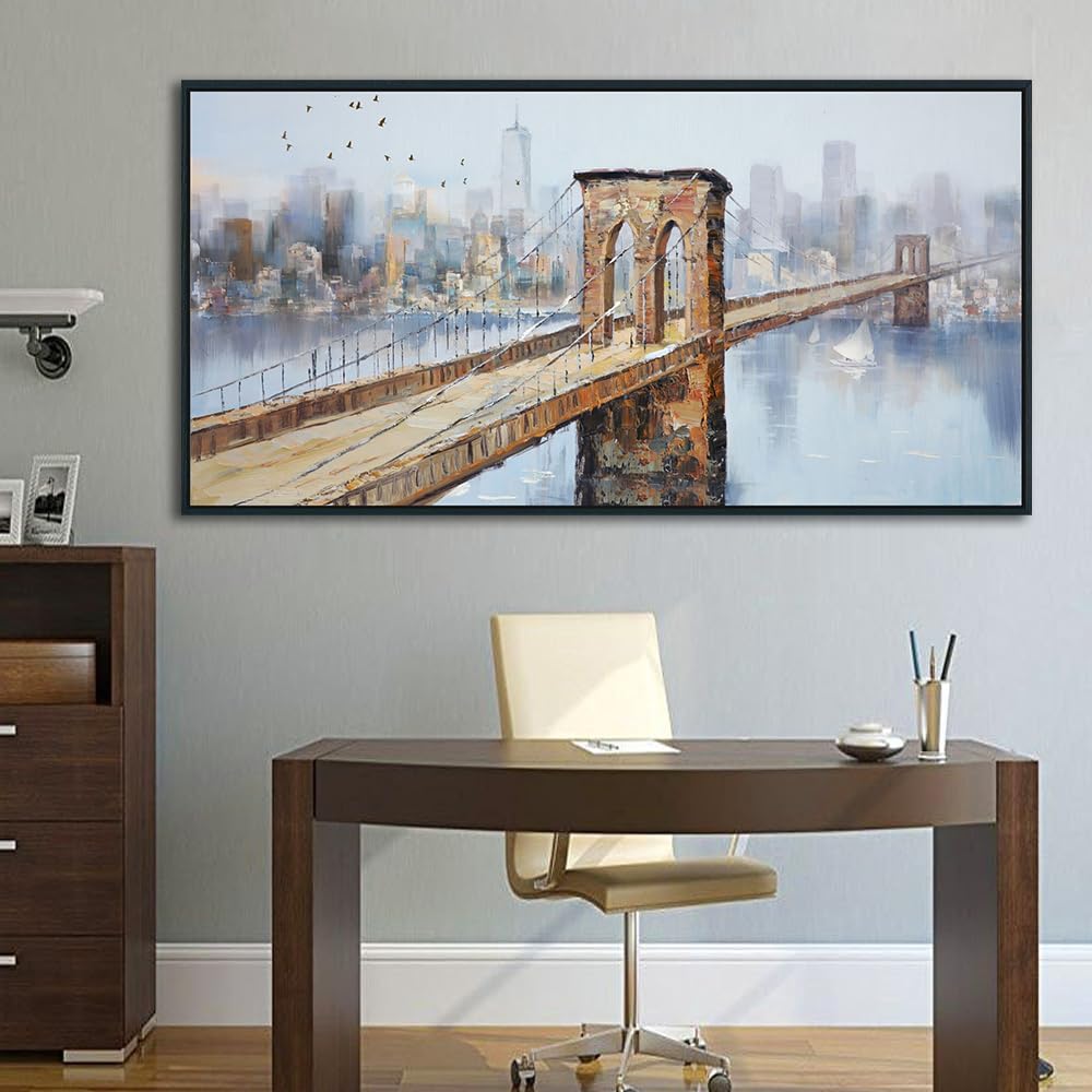Arjun Brooklyn Bridge Canvas Wall Art Abstract Skyline New York City Painting Modern NY Cityscape Picture Textured Artwork for Bedroom Living Room Bathroom Home Office Wall Decor Framed Large 40"x20"