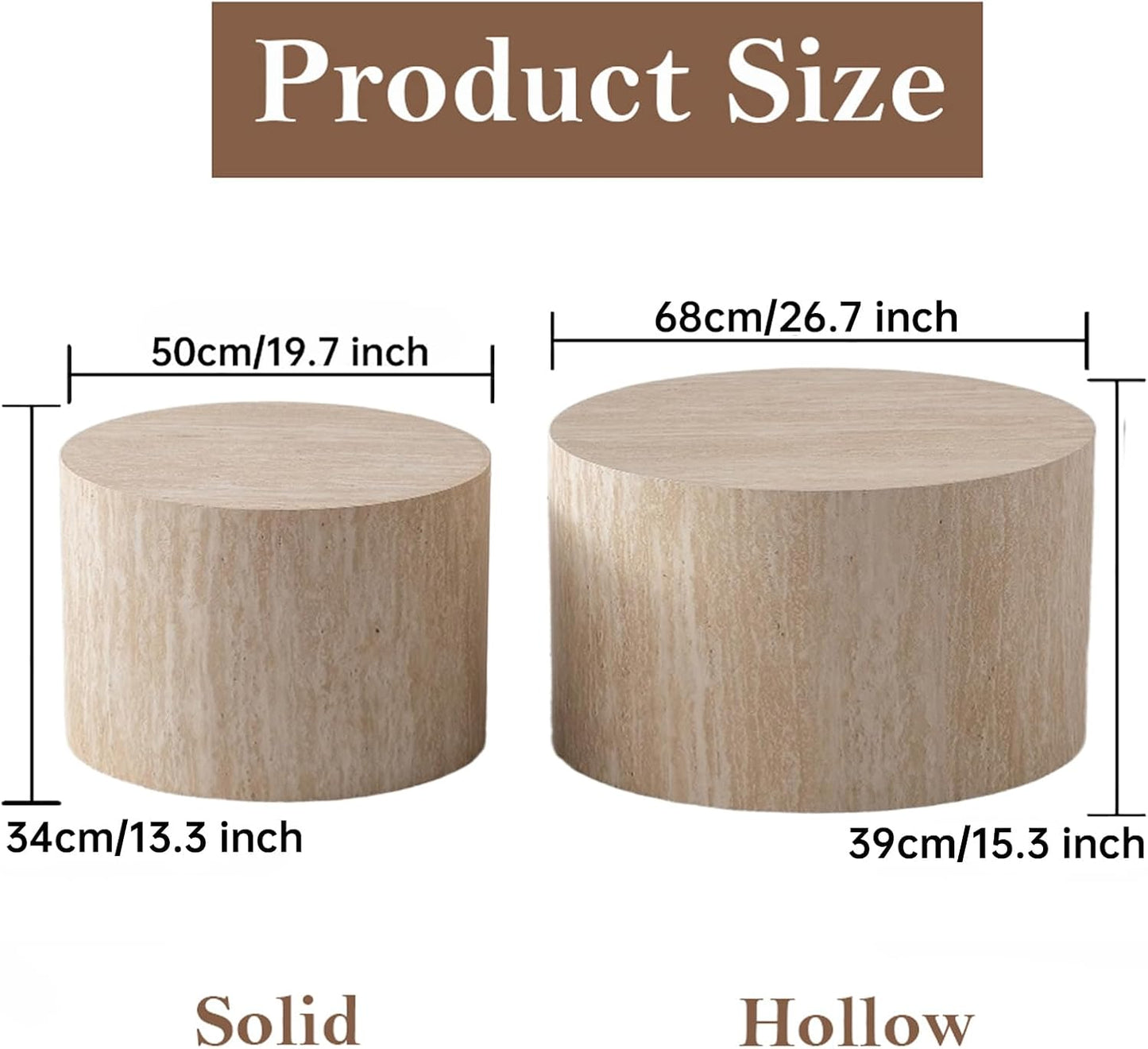 Round Nesting Coffee Table Set of 2 Modern Round Fluted Coffee Table Small Circle Coffee Tables Circular Side Table End Table Nested Coffee Tables for Living Room (Travertine 26in)