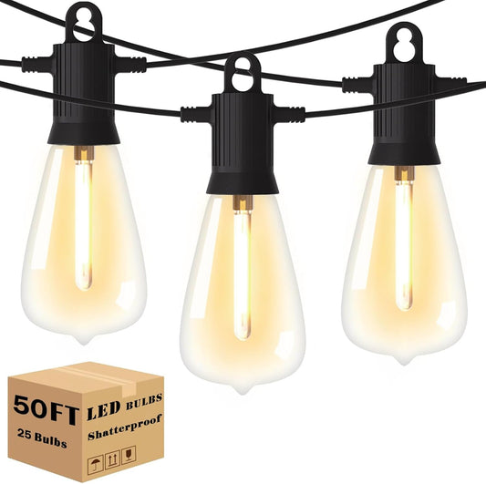 Outdoor String Lights 50 ft, LED Patio Lights with 27 (25+2 Spare ST38 Shatterproof Bulbs), IP 65 Waterproof, Outside Hanging Light for Cafe Bistro Backyard