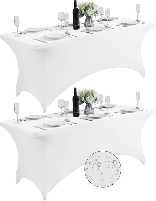 SuperO 2Pack Waterproof Spandex Table Cover for 6FT Table Universal Fitted Stretch Tablecloth for Party, Banquet, Wedding and Events-White