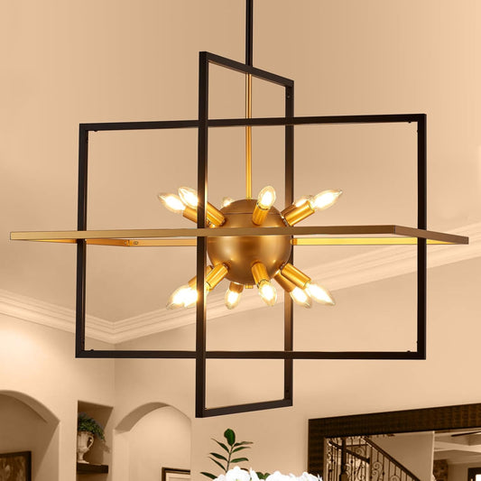 31.5'' Large Modern Lantern Chandeliers, 12-Light Black Gold Geometric Pendant Light Fixture, Industrial Hanging Chandelier for Entryway Foyer Hallway Dining Room, Kitchen Island