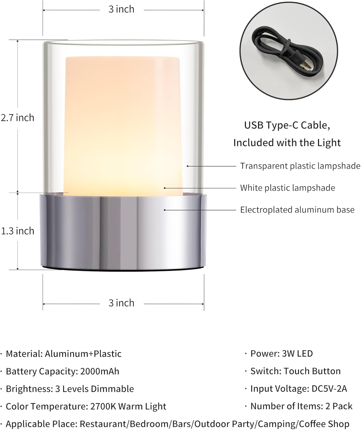 LED 4" inch Touch Night Light for Nursery Baby Kids Set of 2 (Chrome), Small Outdoor Waterproof Lamp for Bathroom Camping, Rechargeable Cordless Table Lamp for Bar Bedside Restaurant Gifts