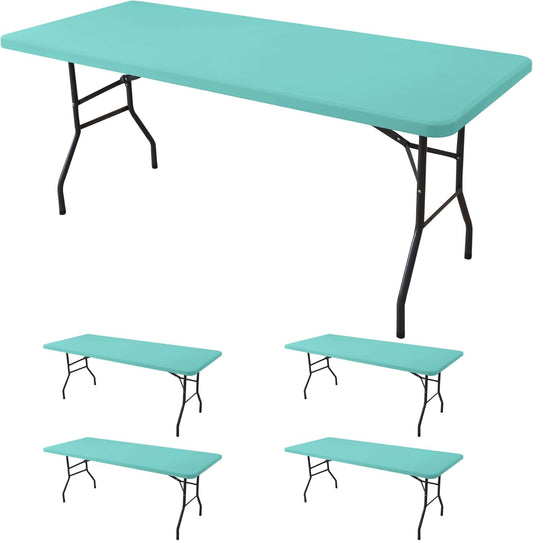 Fitted Tablecloth for 8 foot Rectangle Tables-4 Pack Aqua Blue Elastic Outdoor Picnic Table Cover-Spandex Stretch Folding Table Cloths 8ft for Camping Dining Room Patio Kitchen Banquet Party