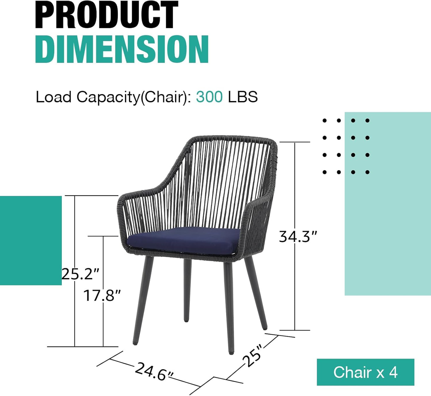 Patiorama Outdoor Dining Chairs, Patio Dining Chair Set of 4, All-Weather Woven Rope Rattan Chairs, Outdoor Dining Wicker Chair with Armrests for Indoor Balcony Pool Backyard(Blue)