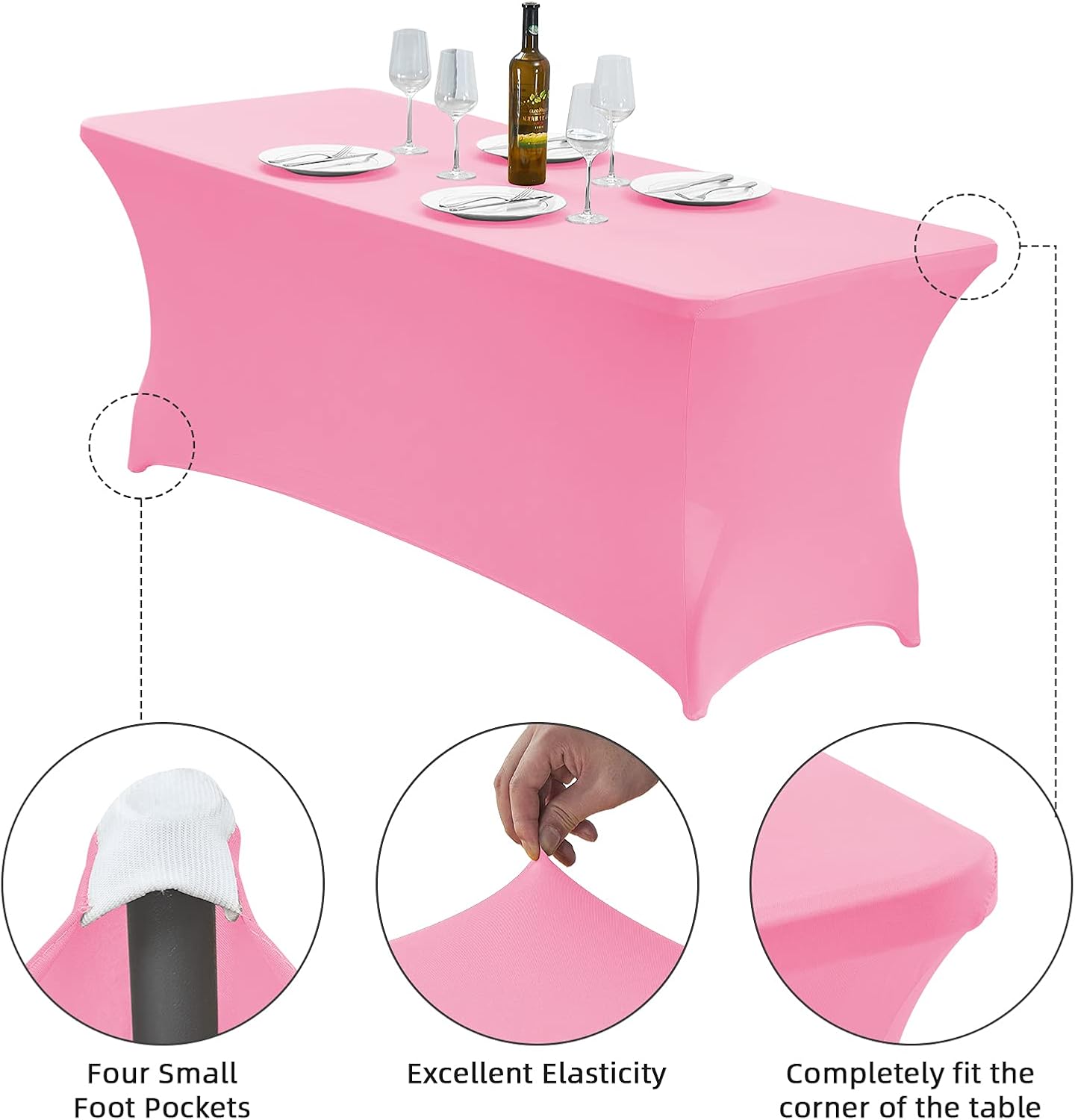 CWK 6FT Waterproof Stretch Spandex Table Cover for Rectangular Tables - Elastic Fitted Tablecloth for Folding Tables,Wrinkle Resistant Table Cloth for Parties, Weddings, Banquets & Events (Pink)