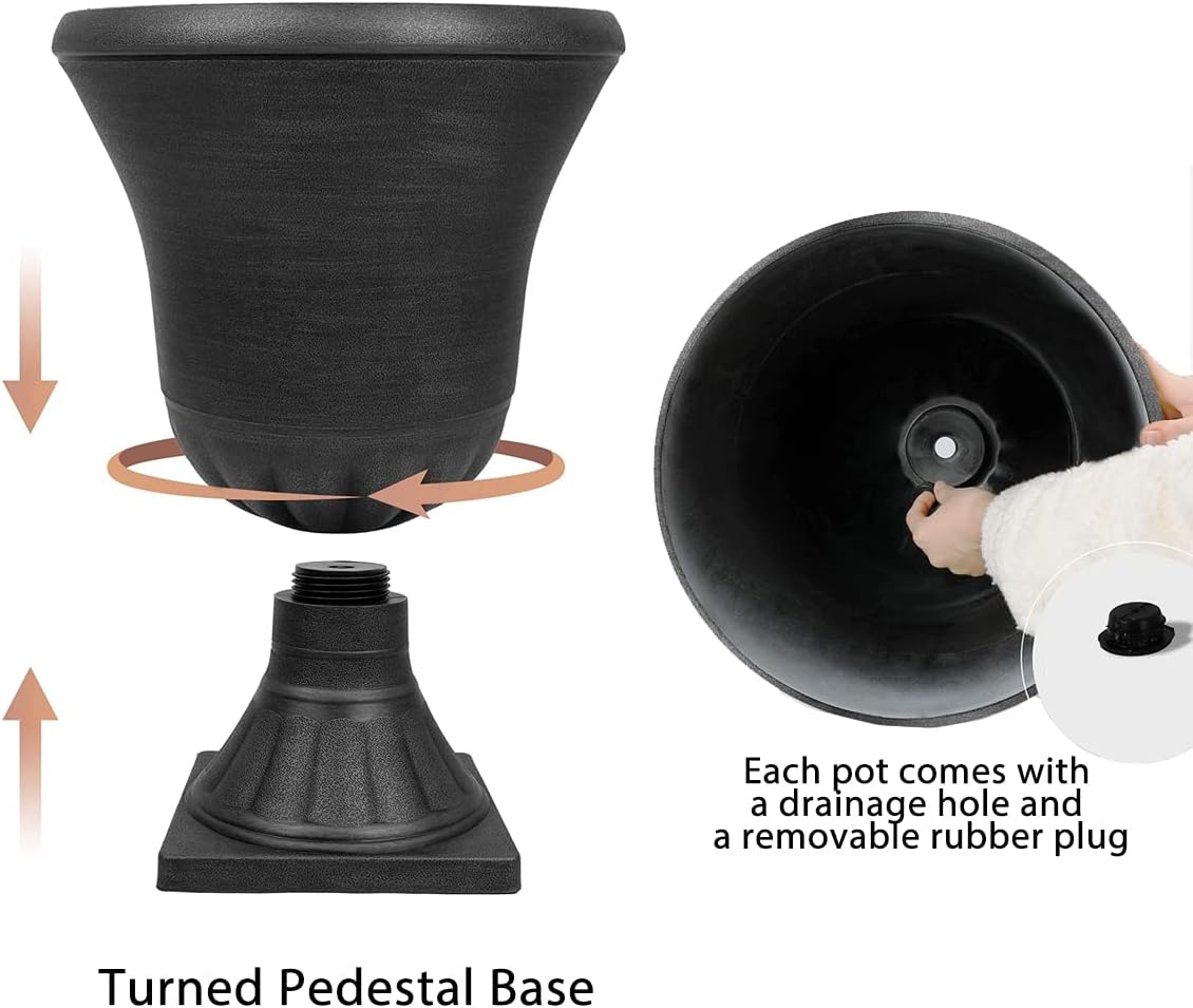 Worth Garden 2-Pack Plastic Urn Planters for Outdoor Plants, 22'' Black Tall Round Classic Resin Traditional Flower Pots - 15 in. Dia. Large Imitation Stone Decorative Pot Patio Deck Front Porch