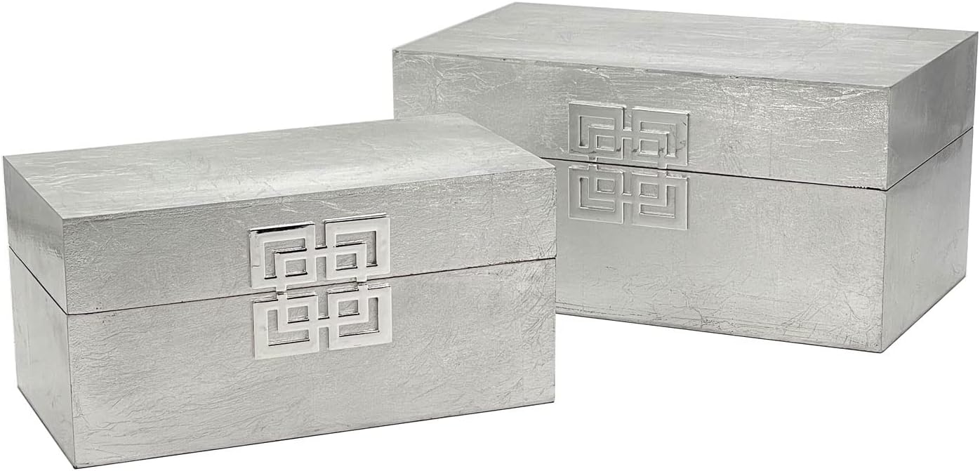 Galt International Storage Box Set Decorative Storage Box w/Hinged Lid Classic Design Wood Decor Boxes with Geometric Clasp Storage for Bedroom & Home - Set of 2 (Silver)