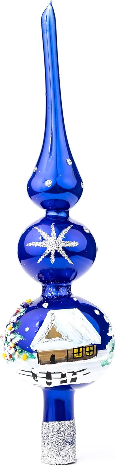 Christmas Tree Topper Spitz Glass Mouth Blown Hand-Decorated Embellishments (Midnight Blue, 12 inch)