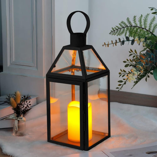 JHY DESIGN Black Decorative Lanterns 16“H Decorative Candle Lantern with Tempered Glass for Indoor Outdoor Events Parities and Weddings