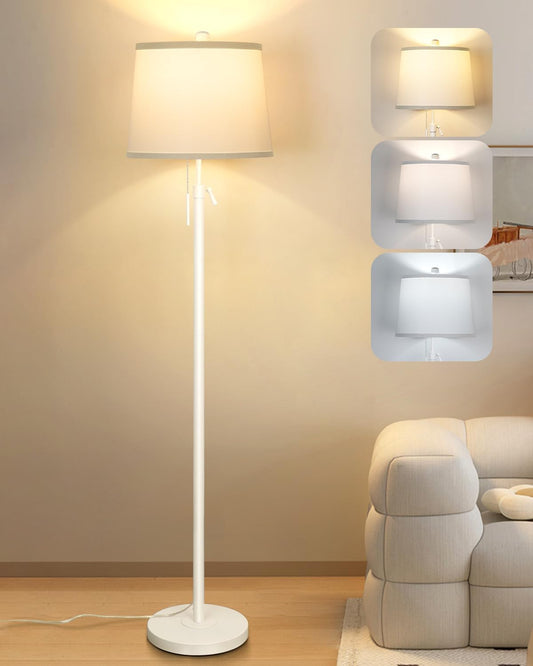 White Floor Lamp for Living Room 55-65" Adjustable Height Modern Standing Lamp with Pull Chain Tall Pole Light with White Shade for Bedroom Reading Office Corner Nursery 9W LED Bulb Included 3 Color