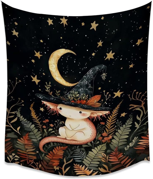 Whimsical Witch Tapestry Wall Hanging Decor Cute Axolotl Tapestry Magical Moon Animal Nursery Decoration Halloween Tapestries wall art for Home Kids Bedroom Living Room 60x80inch