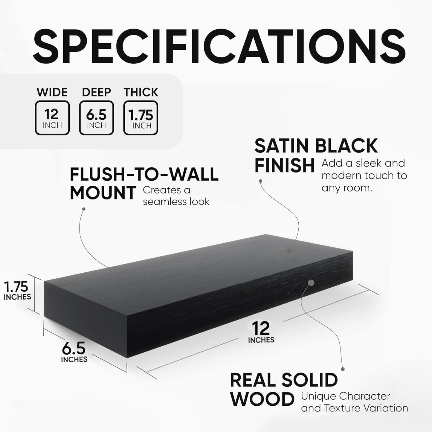 Homeforia Floating Shelf Black 12 inch, High End Solid Real Wood Small 12inch Floating Shelves for Wall Mounted, Black Wooden 12 in Floating Shelves, Heavy Duty Bracket, 12 X 6.5 X 1.75 inch, Set of 2