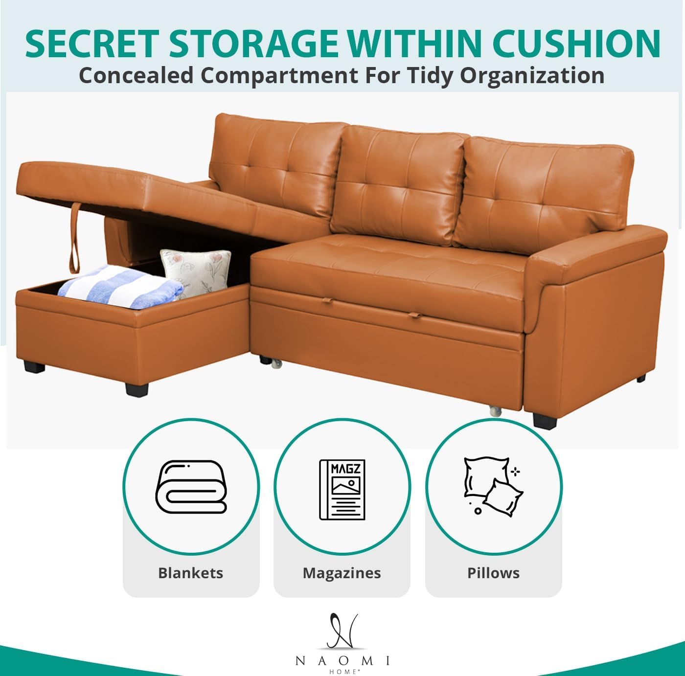 Naomi Home L-Shaped Reversible Sectional Sofa with Pull-Out Sleeper Bed and Storage Chaise, Caramel Air Leather
