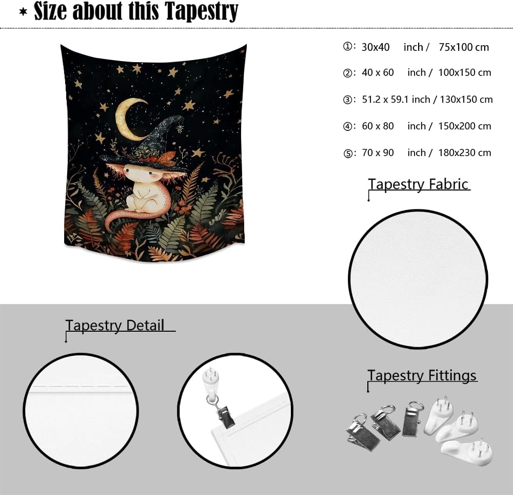 Whimsical Witch Tapestry Wall Hanging Decor Cute Axolotl Tapestry Magical Moon Animal Nursery Decoration Halloween Tapestries wall art for Home Kids Bedroom Living Room 60x80inch