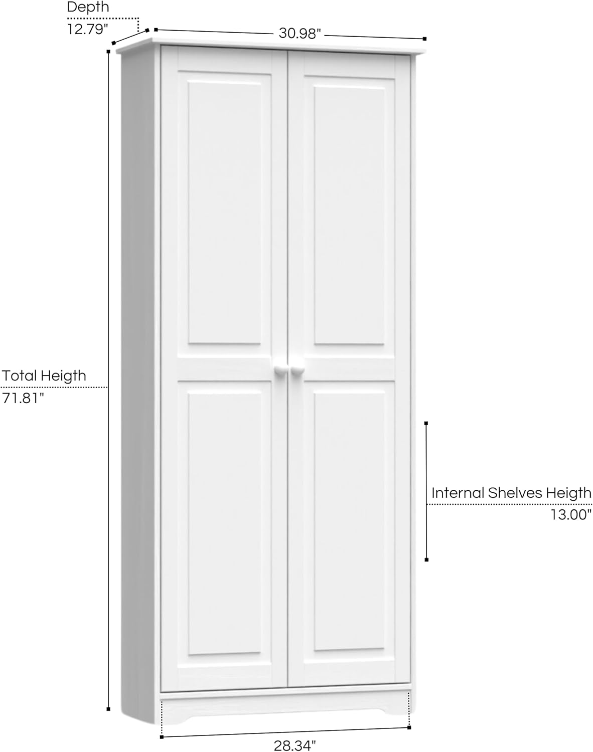 Pantry Cabinet Storage Cabinet with 2 Doors Solid Wood - Adjustable Shelves for Kitchen, Dining Room, or Utility Room Organization