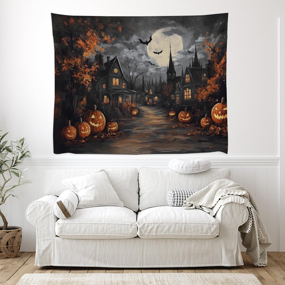 Spooky Halloween Tapestry Haunted Home Bats Pumpkin Tapestry Wall Hanging Dark Academia Fall Full Moon Decor Gothic Ghost Tapestries for bedroom Living Room Decoration 50x60inch