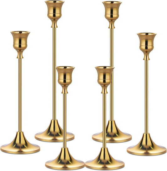 Metal Candle Holders for Candlesticks Taper Candlestick Holders Set Vintage Decorative Centerpiece Candelabra Tall Candle Stands for Halloween Thanksgiving Christmas (Gold, 2 Sets (6 pcs))