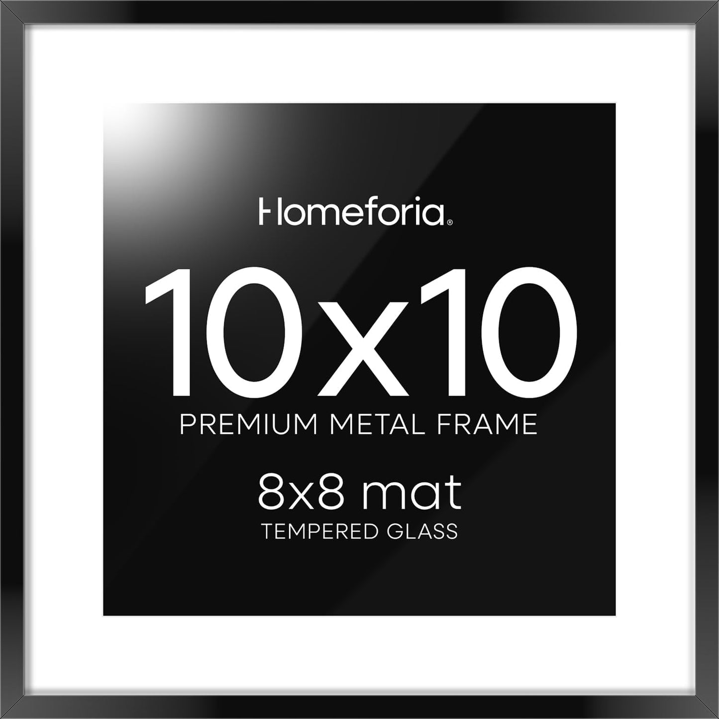 Homeforia 10x10 Black Picture Frame, High End Metal 10 by 10 Square Frames with Mat 8 x 8 Opening, 10by10 Poster Frames Matted to 8x8 Photo, Wall or Tabletop Frames, Tempered Glass, Wall Kit, Set of 1