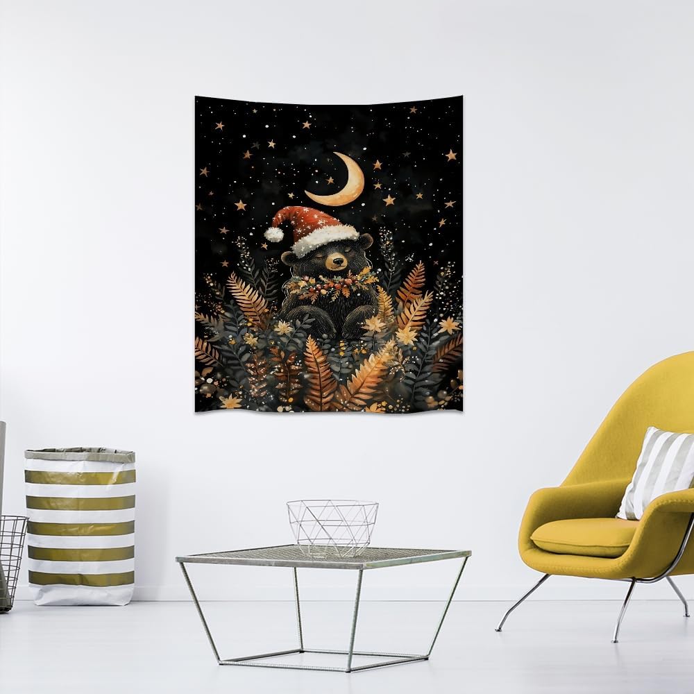 Whimsical Christmas Tapestry Moon Stars Dark Aesthetic Wall Hanging Decor Cute Bear Tapestries for Kids Room Decoration Funny Christmas wall art for Bedroom Dorm Living Room 40x60inch