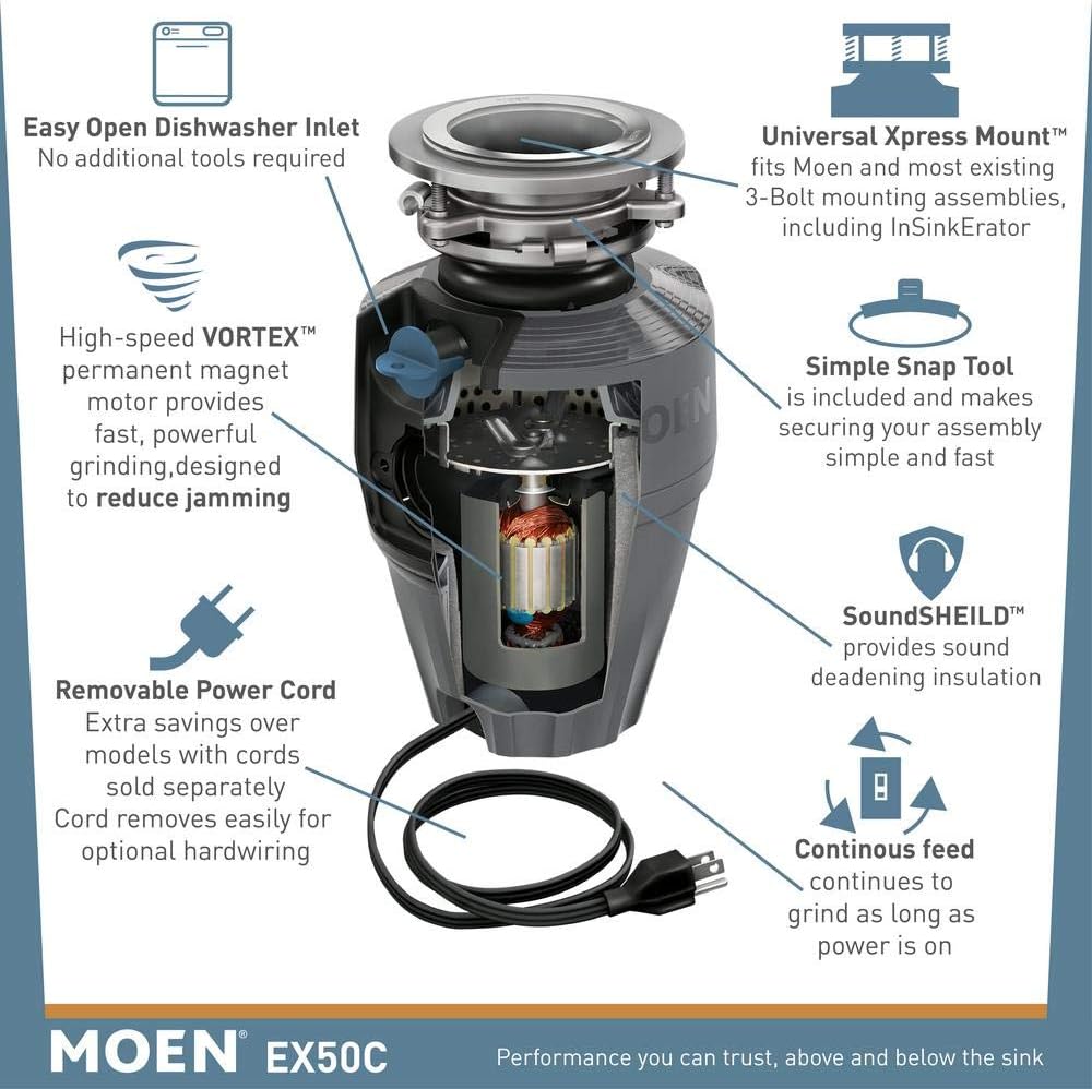 Moen Gray EX Series Prep Series 1/2 Horsepower Garbage Disposal, EX50C