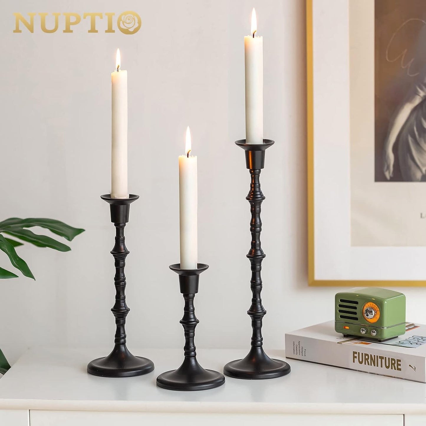 Nuptio Black Candle Holder Set of 3 Gothic Candlestick Holders for Taper Candles Metal Candle Sticks Candleholders Table Centerpieces for Dining Room Wedding Home Halloween Farmhouse Fireplace