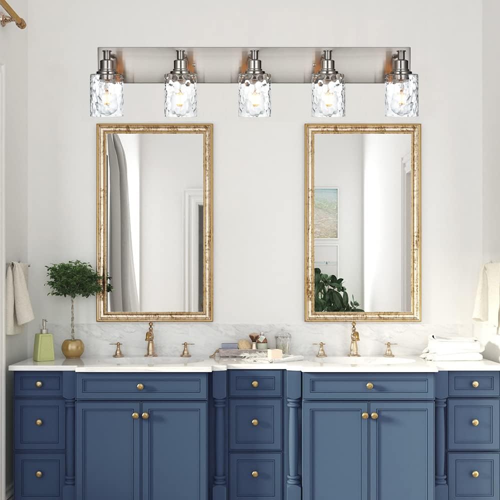 BONLICHT 5 Lights Sconces Wall Lighting Brushed Nickel with Hammered Glass Shade, Industrial Bathroom Light Fixtures Vanity Lights Porch Light Fixtures Classic Metal Wall Mount Lamp Over Mirror
