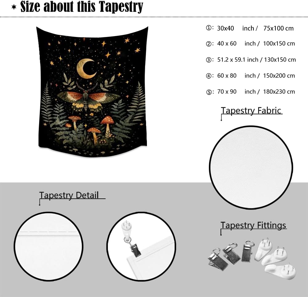 Mystical Moth Mushroom Tapestry Dark Academia Aesthetic Wall Hanging Decor Moon Star Witchy Print Butterfly Enchanted Forest Tapestries for Home Bedroom Living Room Office Decor 30x40inch