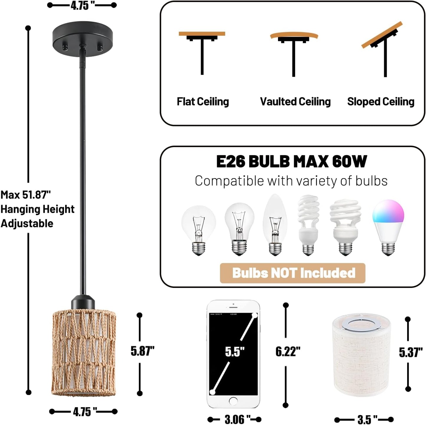 Pendant Light Boho Hanging Lamp - Rattan & Linen 2-in-1 Shade, Adjustable Hanging Lights Fixture for Kitchen Island, Dining Room, Farmhouse, Bedroom (3 Pack)