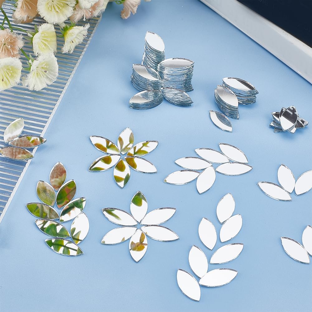 OLYCRAFT 150pcs Leaf Shape Craft Mirrors Mosaic Tiles 11x25mm Petal Mini Glass Mirror Tiles Leaf Cabochons Flower Leaves for DIY Crafts Art Wall Door Home Decorations