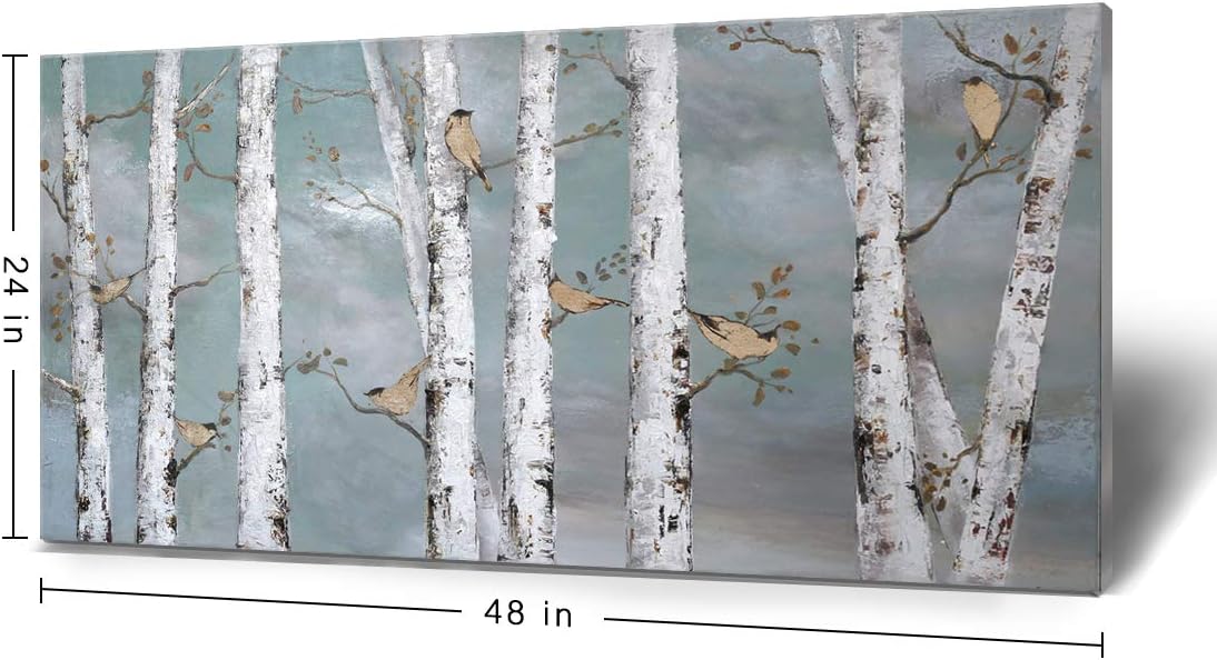 amatop Large Tree Wall Art Hand-Painted Landscape Forest Oil Painting Gallery Wrapped Framed Canvas Gold Bird Artwork 'White Birch at Night' for Living Room Bedroom Office Decor Teal White 48"x24"
