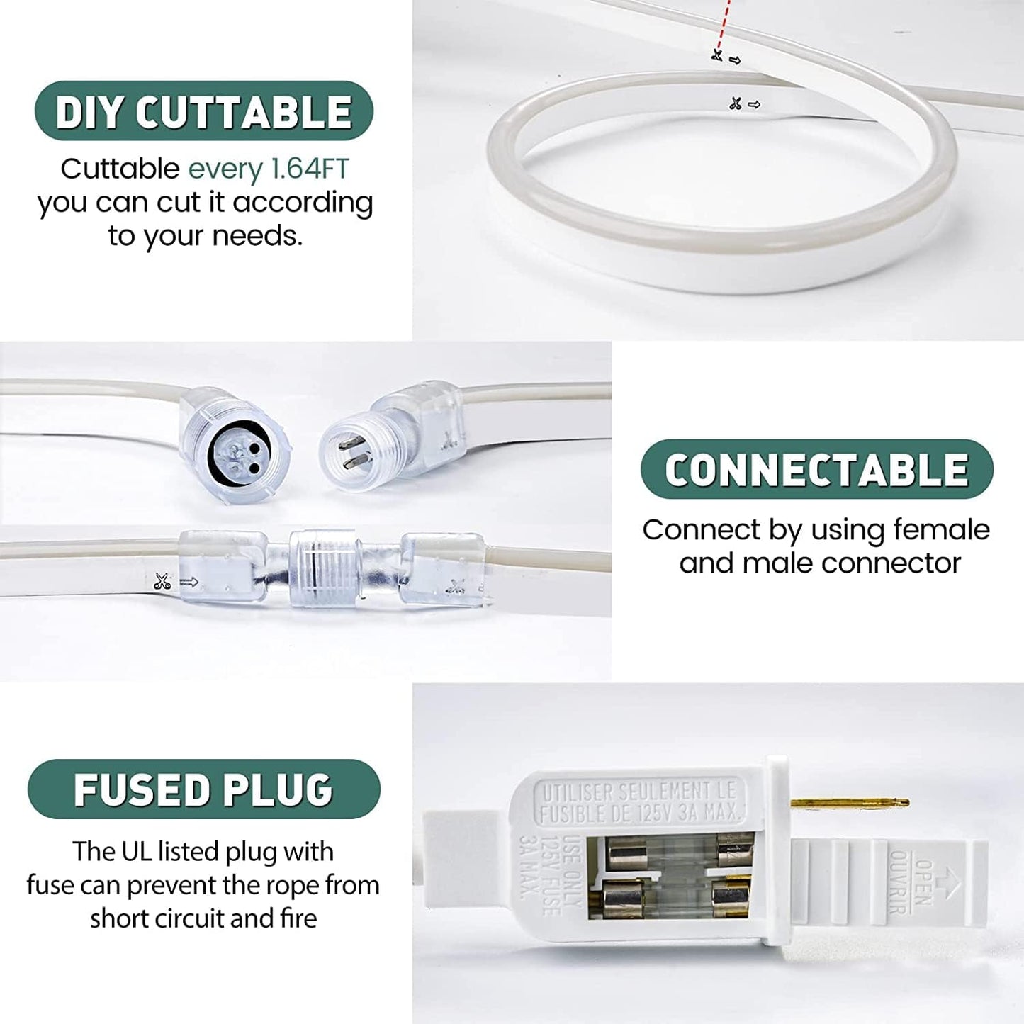 GZBtech Flexible LED Neon Rope Lights 50FT,AC 110-120V Waterproof Strip Light, 120 LEDs/M Cuttable Connectable Neon Lighting for Indoor Outdoor Home Decor/Commercial Building Use-Green 15M