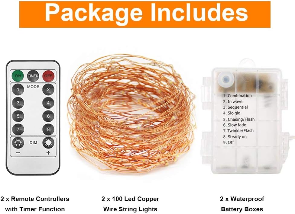 Twinkle Star 2 Pack Christmas Blue Fairy Lights Battery Operated, Total 66 ft 200 Led String Lights Remote Control Timer Twinkle String Lights 8 Modes Firefly Lights for Garden Party Indoor Decor