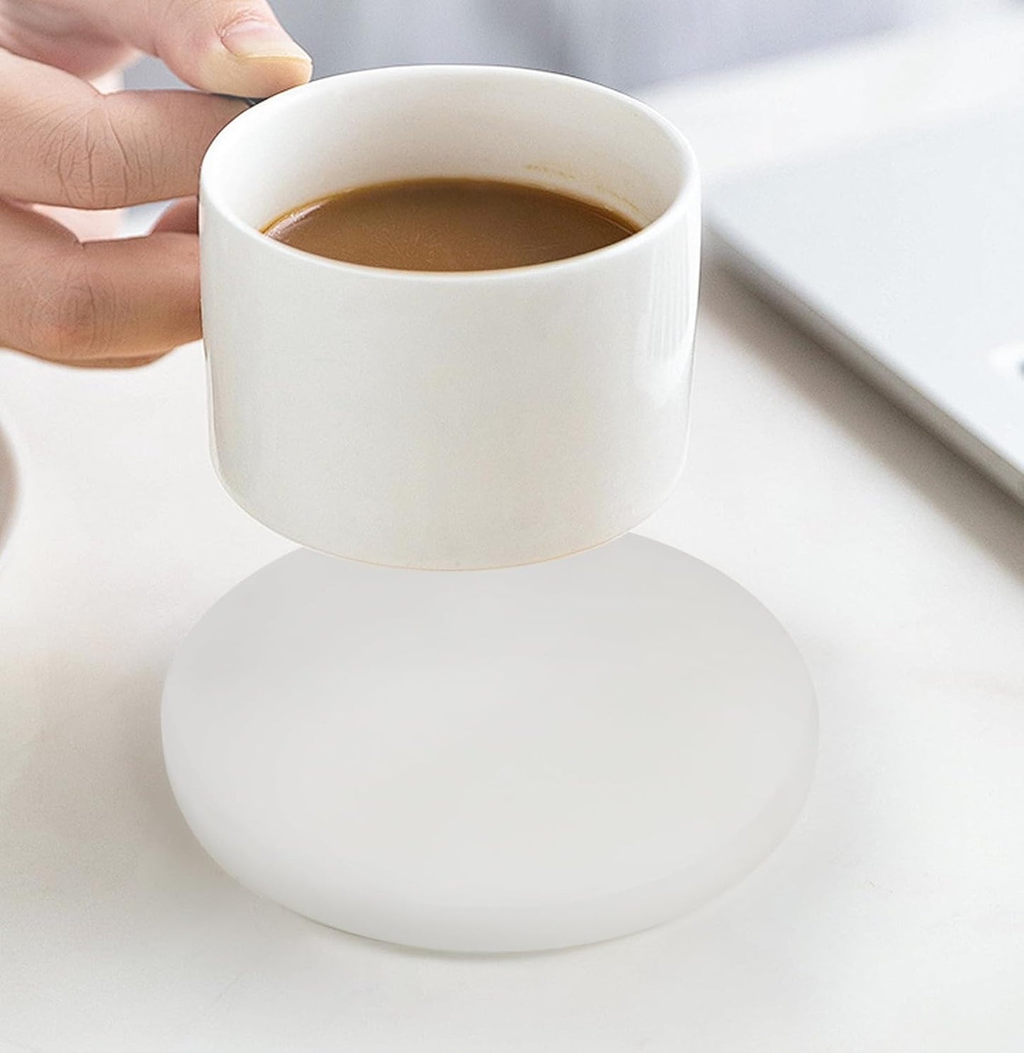 Pure White Marble Coasters Without Particles, Set of 4 - Natural Marble Stone Drink Coaster with Protective Silicone Feet, 4 inch Diameter, 0.4 inch Thick - Heat-Resistant Coasters for Coffee Table