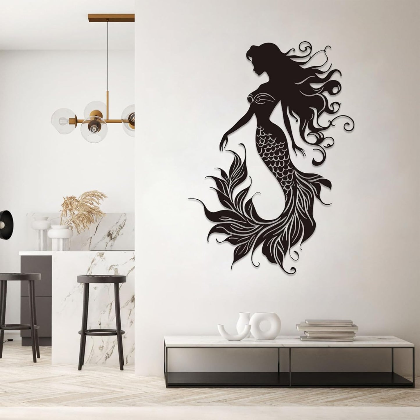 Veplsur Mermaid Metal Wall Art, Metal Mermaid Wall Decor, Marine Biology Wall Decor, Ocean Wall Art, Nautical Wall Hanging, Beach Hanging for Bathroom Bedroom (Black, 53"x38"|135x96cm)