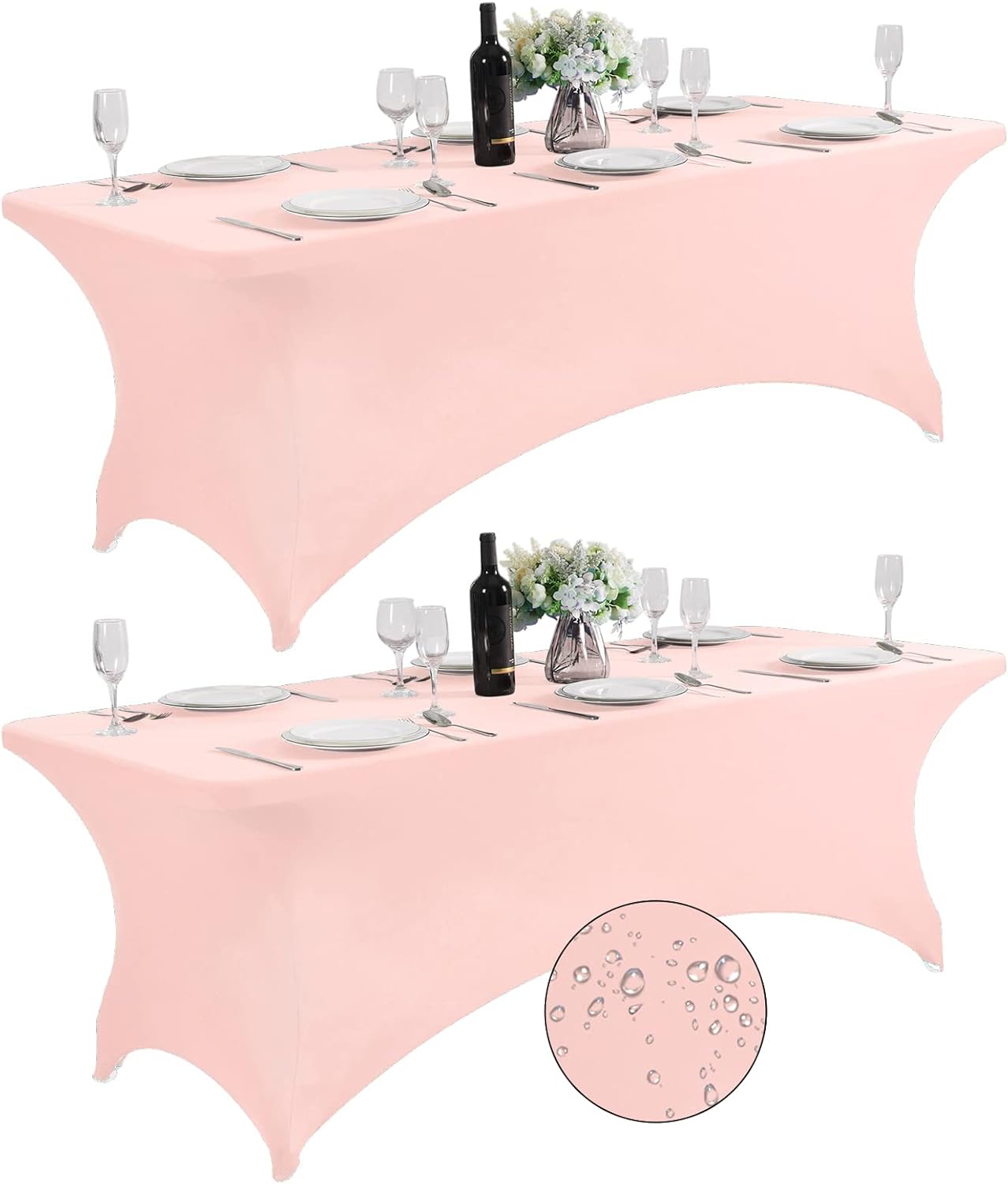 SuperO 2Pack Waterproof Spandex Table Cover for 8FT Table Universal Fitted Stretch Tablecloth for Party, Banquet, Wedding and Events-Blush Pink