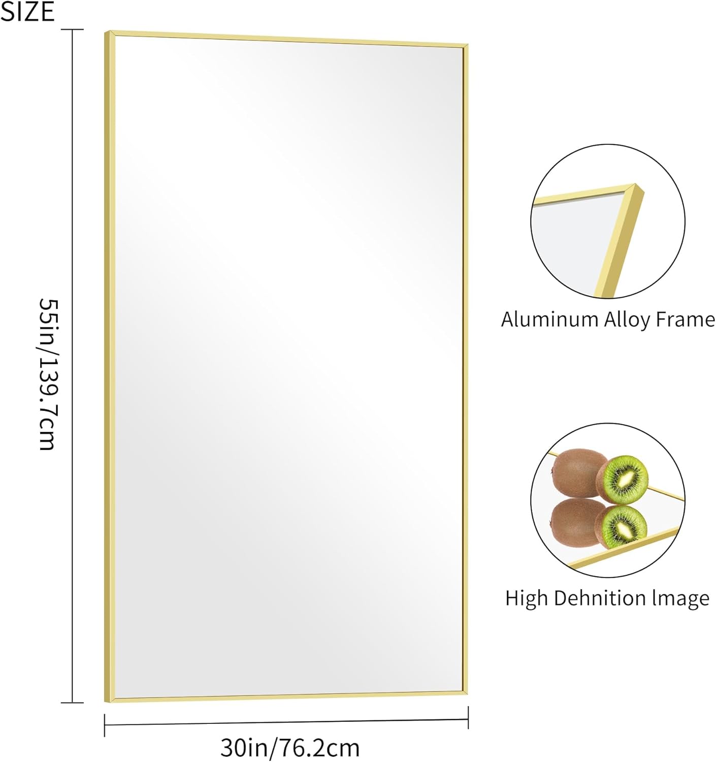 30x55In Gold Bathroom Mirror for Wall, Brushed Gold Rectangle Mirrors with Metal Frame, Bathroom Rectangular Mirror Modern Wall Mirror for Bedroom Living Room, Hangs Horizontal or Vertical