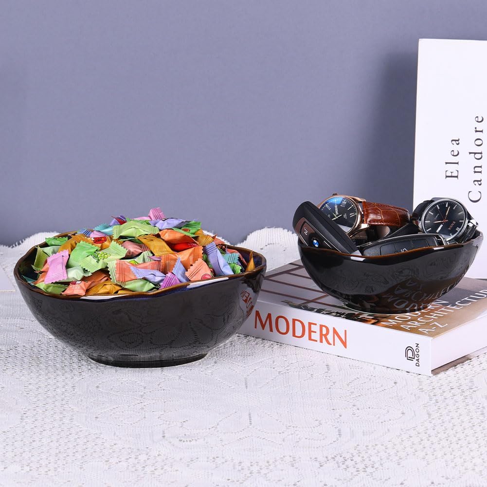 Blue Ceramic Decorative Pottery Key Bowl, Candy Dish, Salad Bowl, Small Jewelry Trinket Dish for Bedroom, Centerpiece, Bedside Table, Living Room Decor (8 inch)