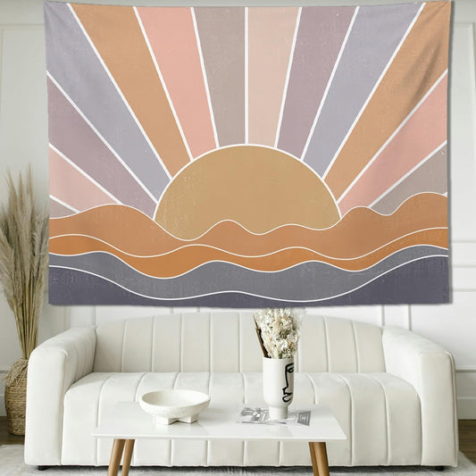 keowhsf Boho Sun Mountain Tapestry Wall Hanging - Retro 70s Vintage Rainbow Sunrise Sunset Design, Abstract Geometric Hippie Art Tapestry for Bedroom, Living Room & Dorm Decor